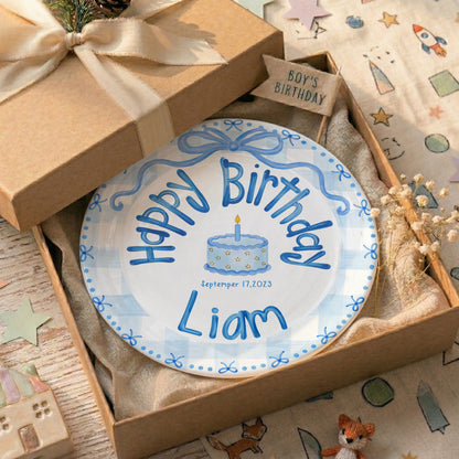 Soft Blue Gingham Personalized Birthday Plate P410VFL0
