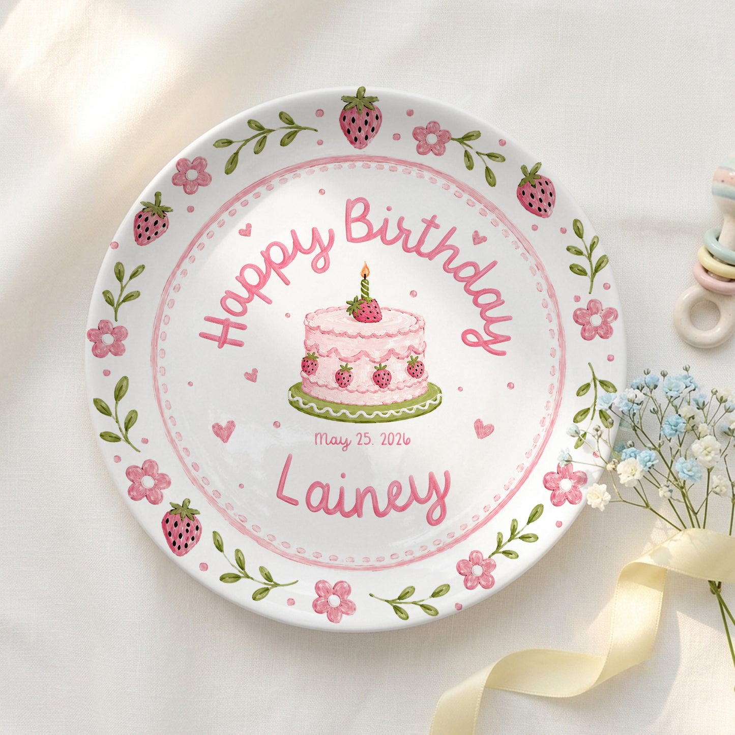 Strawberry Floral Cake Keepsake Ceramic Personalized Birthday Plate for Kids P83M4Y0