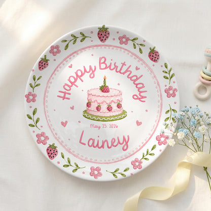 Strawberry Floral Cake Keepsake Ceramic Personalized Birthday Plate for Kids P83M4Y0