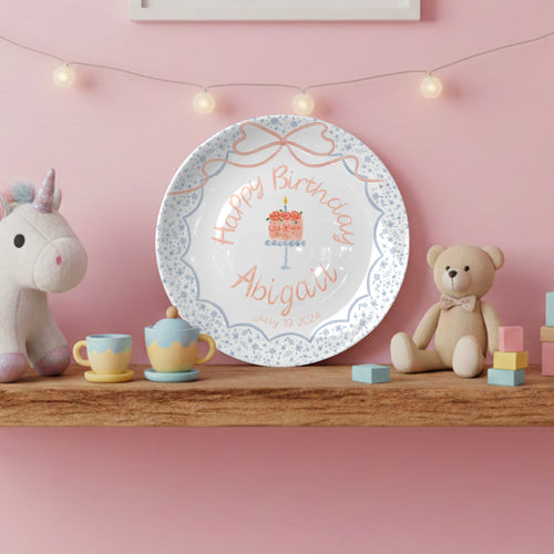 Cake with Peach Bow and Blue Floral Border Personalized Birthday Plate P1235ER0