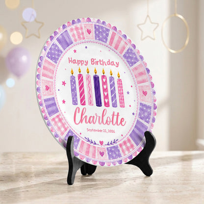 Pink Purple Candle Girl First Birthday Keepsake Personalized Birthday Plate P815CM10