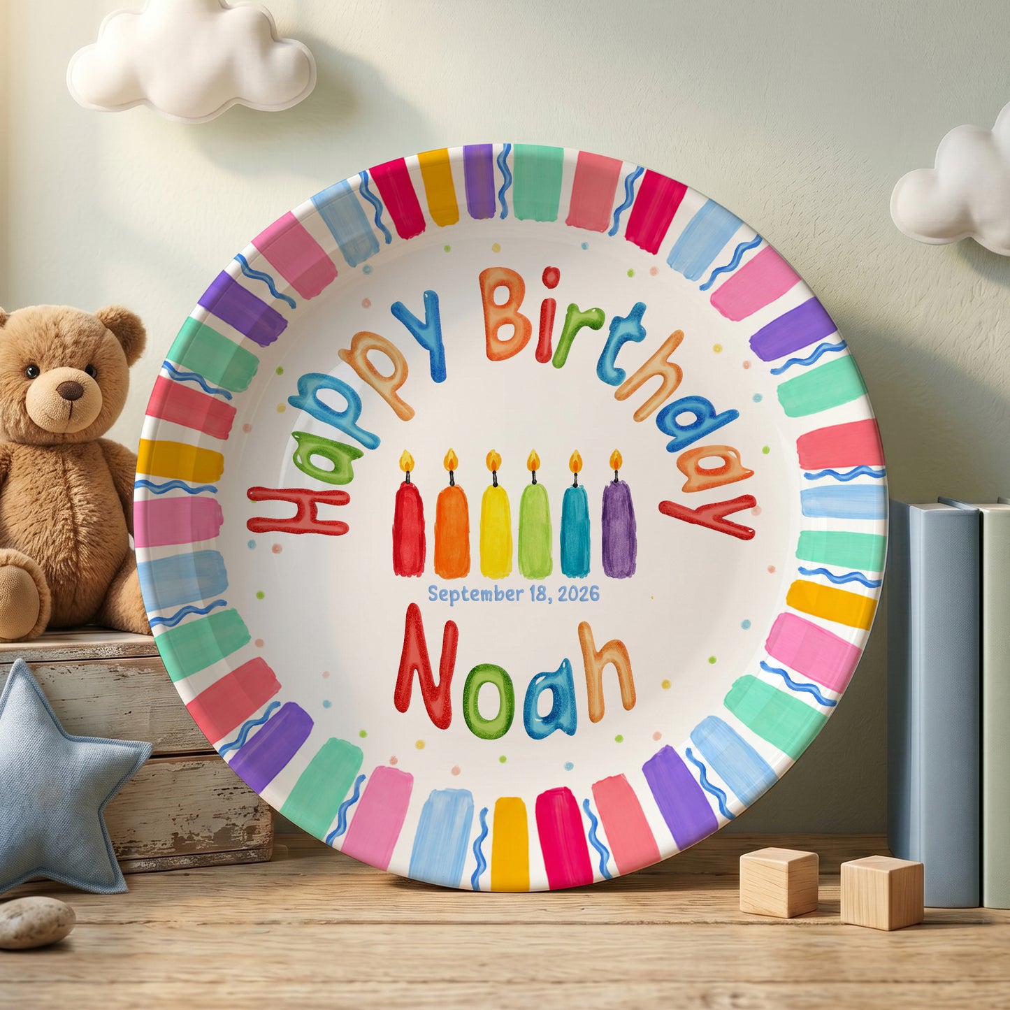 Rainbow Stripe Colorful Candle Personalized Birthday Plate D6103AG0