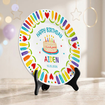 Colorful Candle Kids Birthday Keepsake Custom Name Date Personalized Birthday Plate P8140WR0