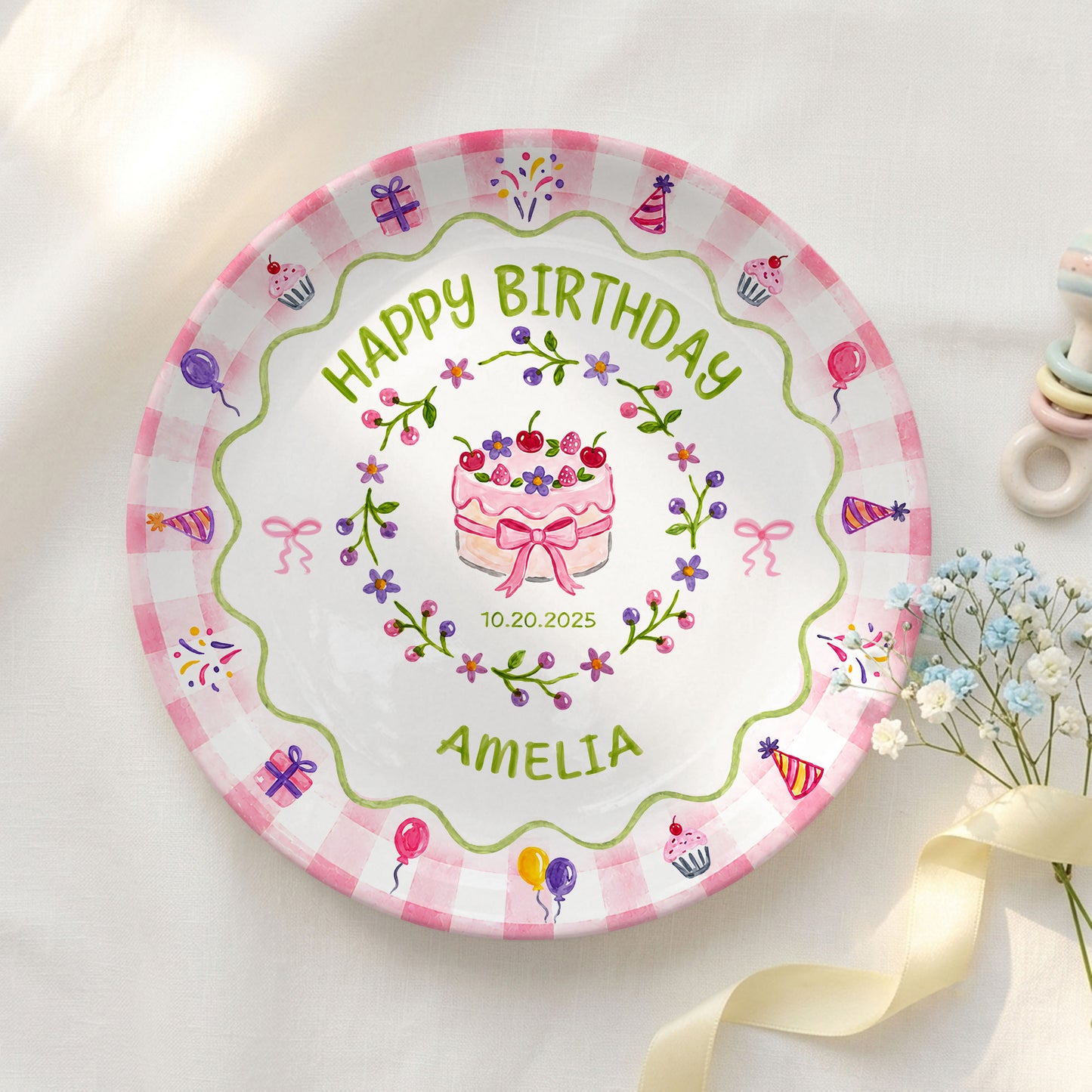 Floral Berry Cake Keepsake Personalized Birthday Plate for Girls and Kids P730TD80