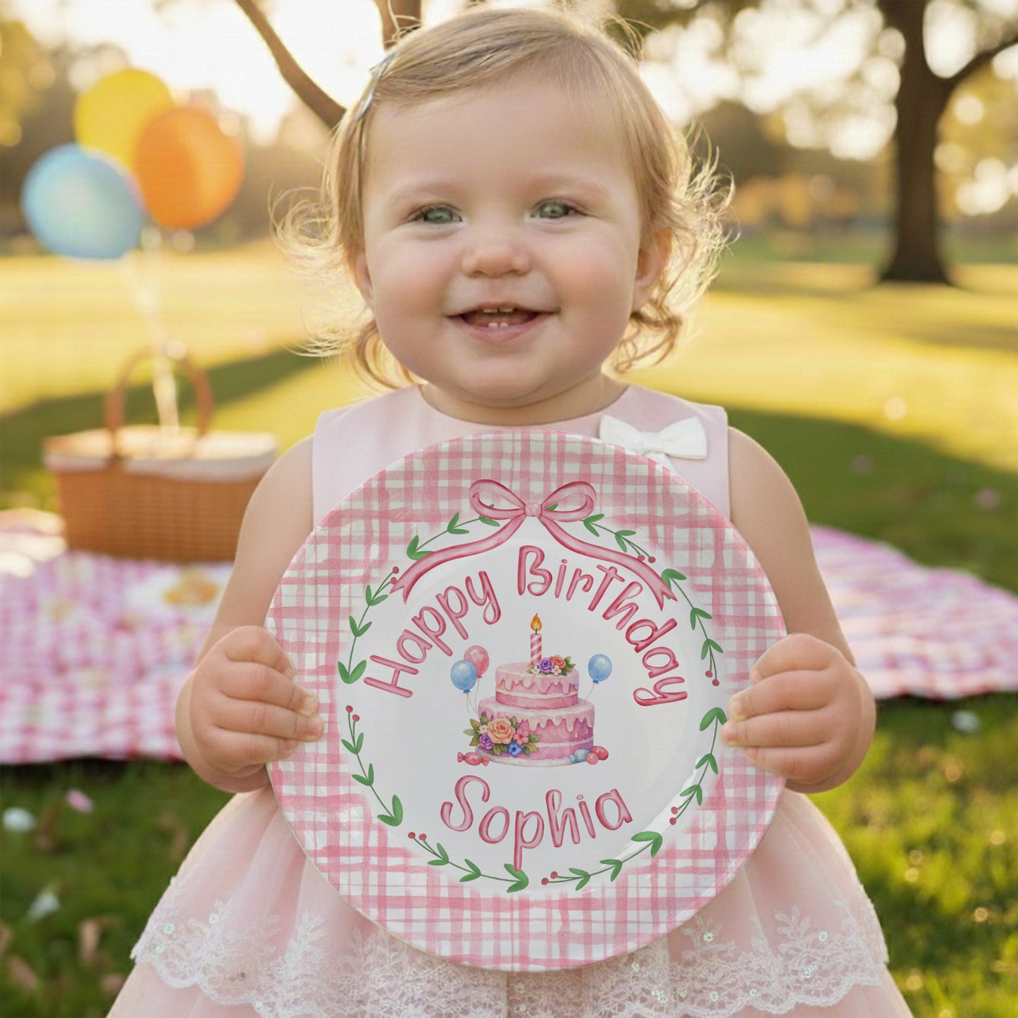 Pink Gingham Personalized Birthday Plate P130CVP0