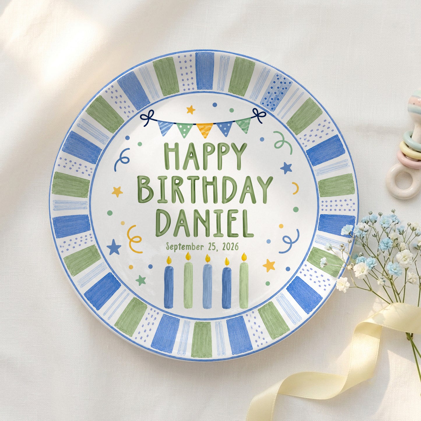 Pastel Candle Celebration Ceramic Keepsake Personalized Birthday Plate for Kids P728CF40