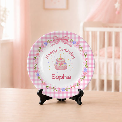 Pink Gingham Floral Personalized Birthday Plate P61O7V0