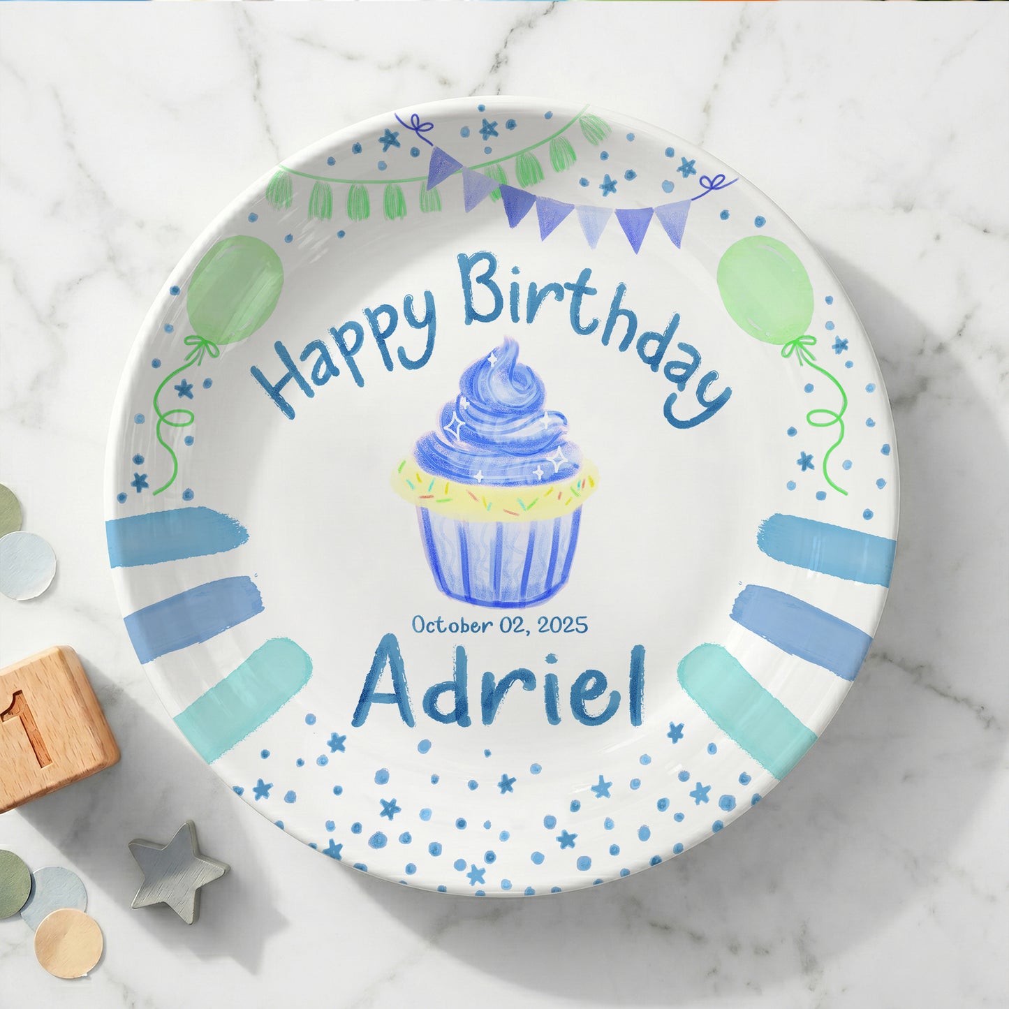 Blue Cupcake Balloon Personalized Birthday Plate P68OVE0a1