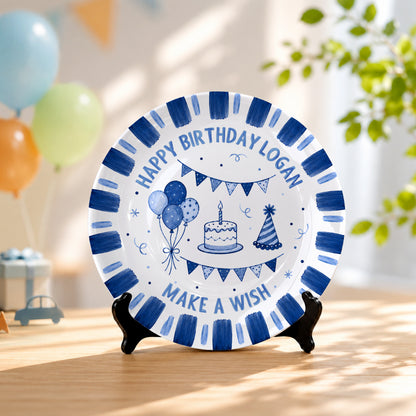 Blue Checkered Birthday Candles Personalized Birthday Plate D779CS0