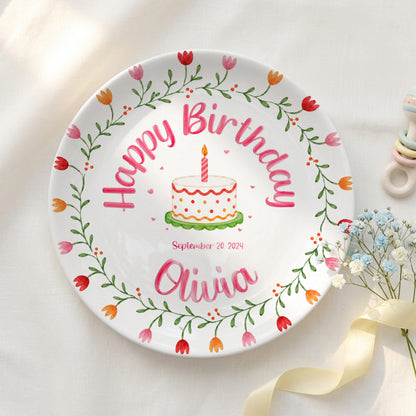 Tulip Floral Personalized Birthday Plate for Kids, Custom Name and Date Ceramic Keepsake P85E4U0