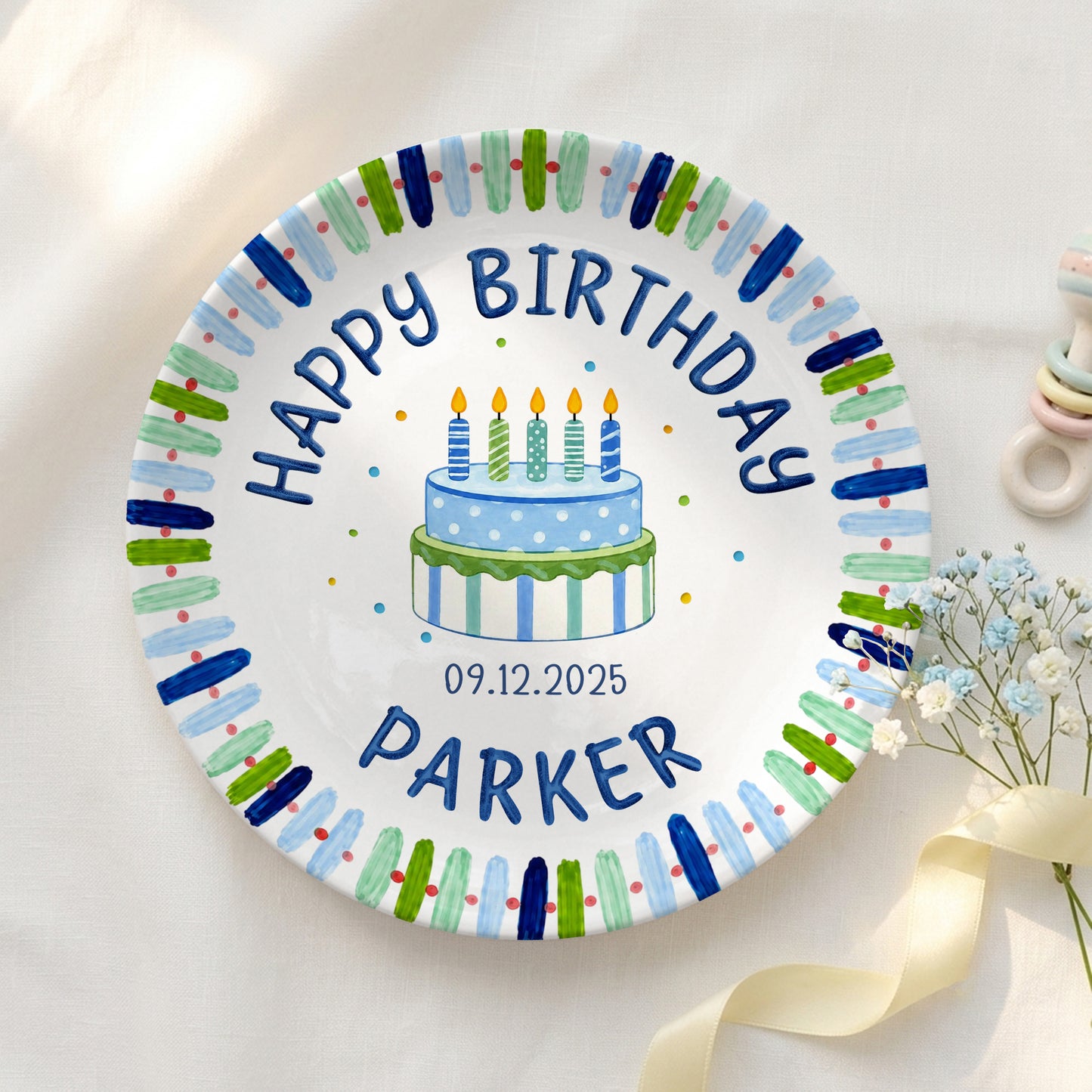 Blue Stripe Birthday Cake Personalized Birthday Plate P728HNA0