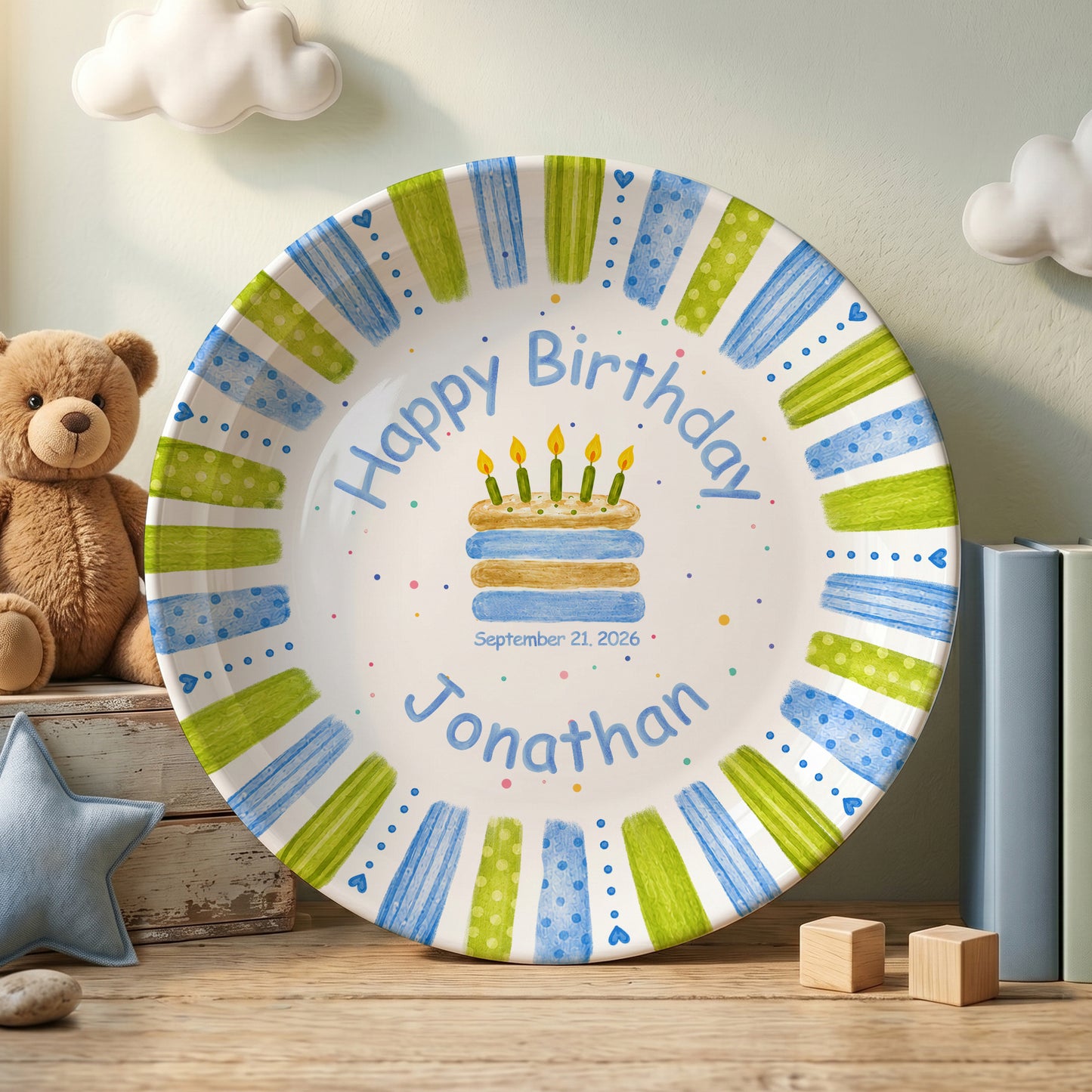 Blue Green Stripe Cake Personalized Birthday Plate P66M130