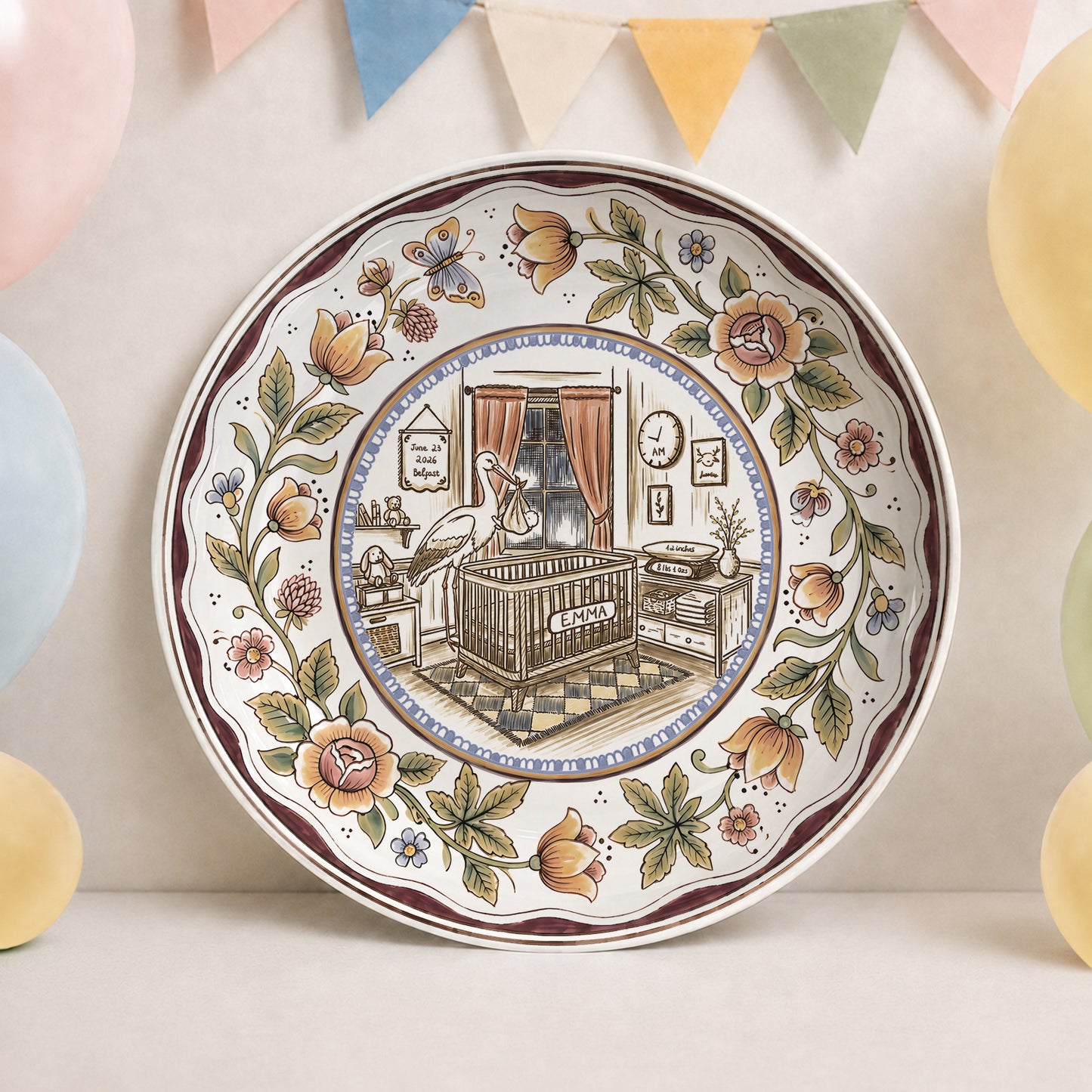 Floral Goose Baby Birth Stats Custom Ceramic Personalized Birthday Plate P825ZLY0
