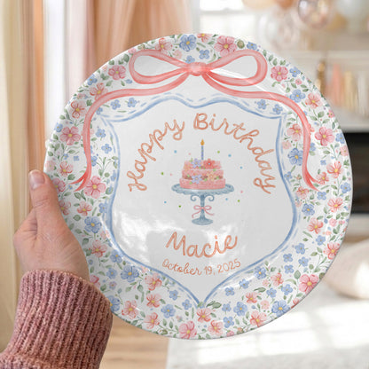 Pastel Floral Bow Cake Personalized Birthday Plate for Kids P317AIP0
