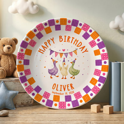 Orange Purple and Pink Checker Border with Party Ducks Personalized Birthday Plate P611QZK0