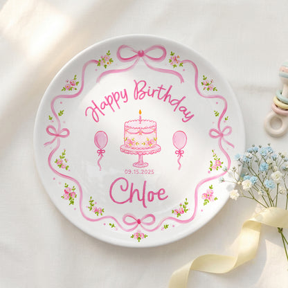 Pink Floral Bow Birthday Cake Custom Name Keepsake Personalized Birthday Plate Gift P813NCL0