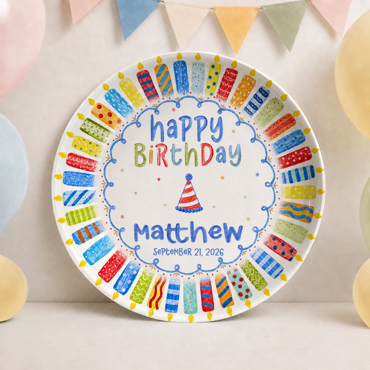 Colorful Candle Celebration Custom Name Ceramic Keepsake Personalized Birthday Plate P82509W0