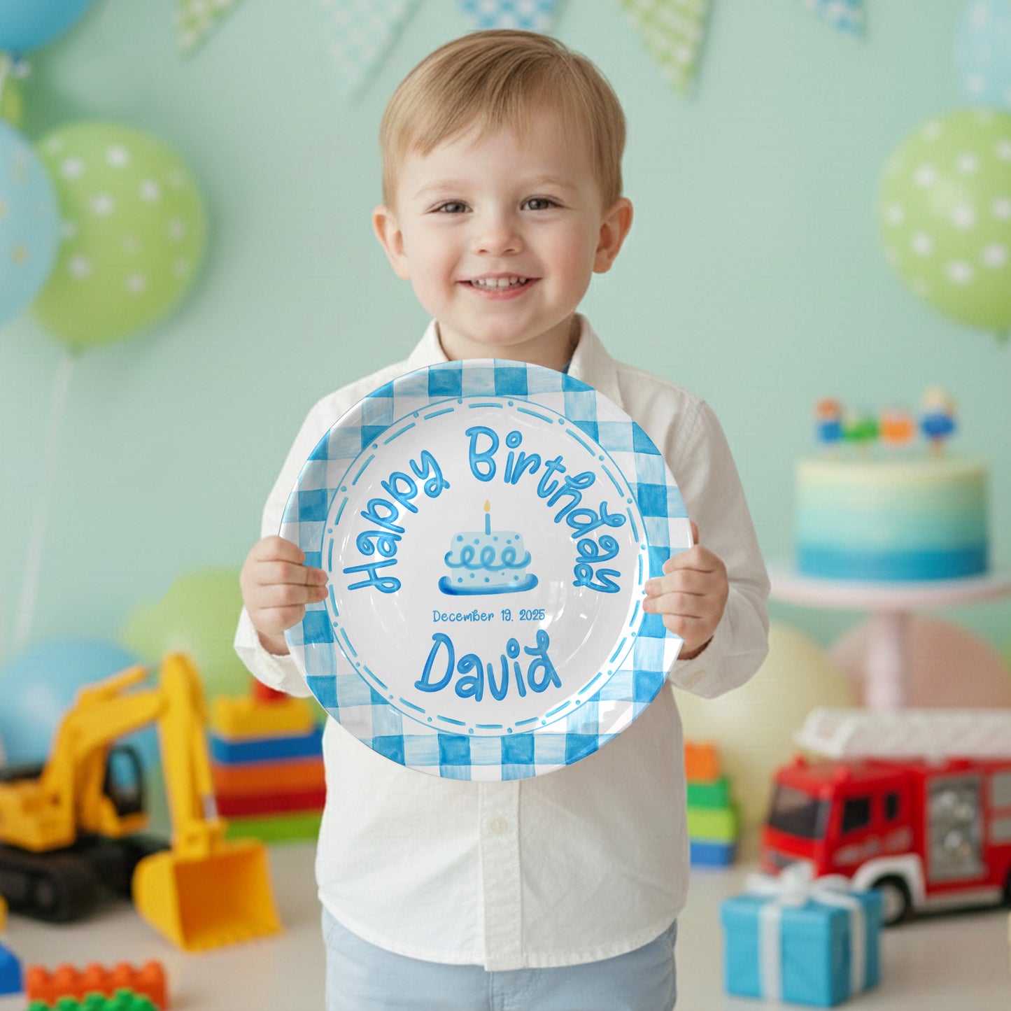 Classic Blue Gingham Personalized Birthday Plate P314ZPP0