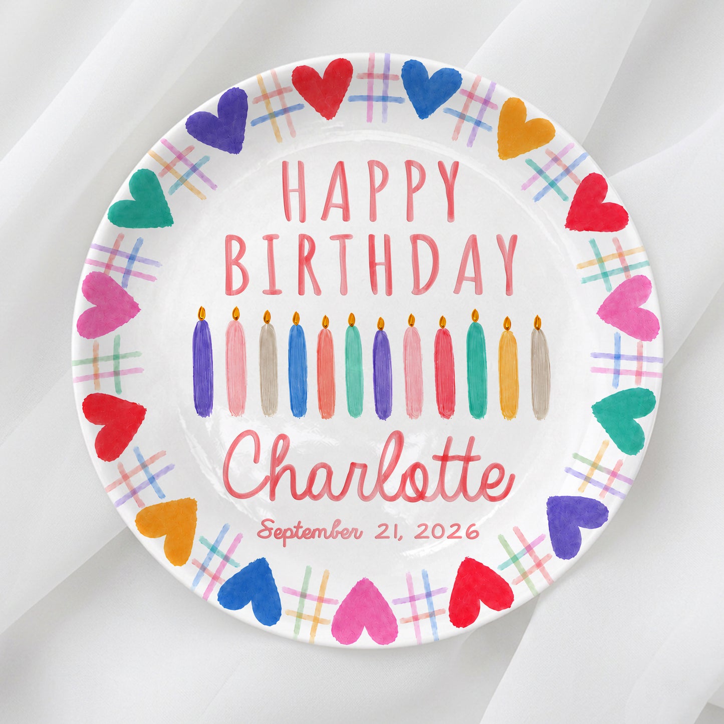 Rainbow Hearts Birthday Keepsake Personalized Birthday Plate P716T2N0