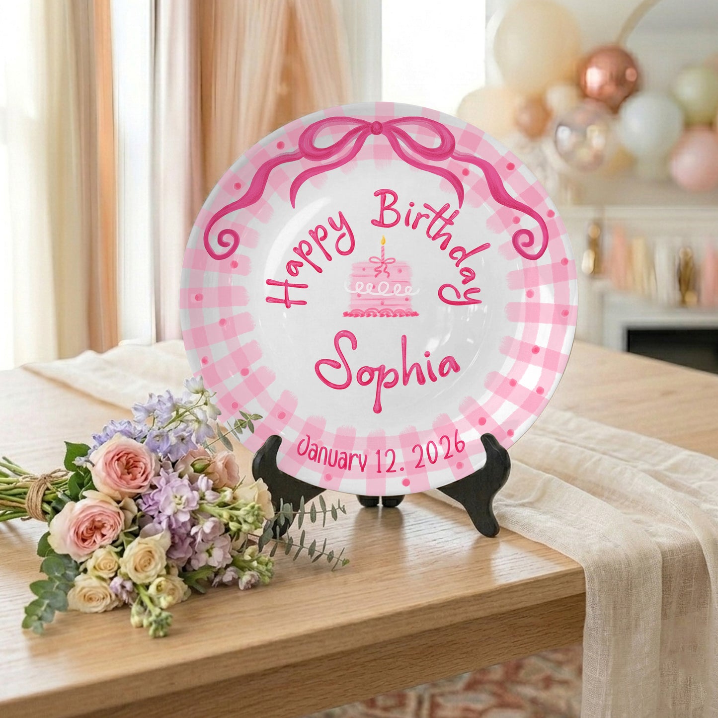 Pink Bow and Pink Gingham Birthday Cake Personalized Birthday Plate P5220BP0