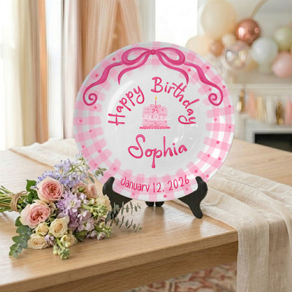 Pink Bow and Pink Gingham Birthday Cake Personalized Birthday Plate P5220BP0