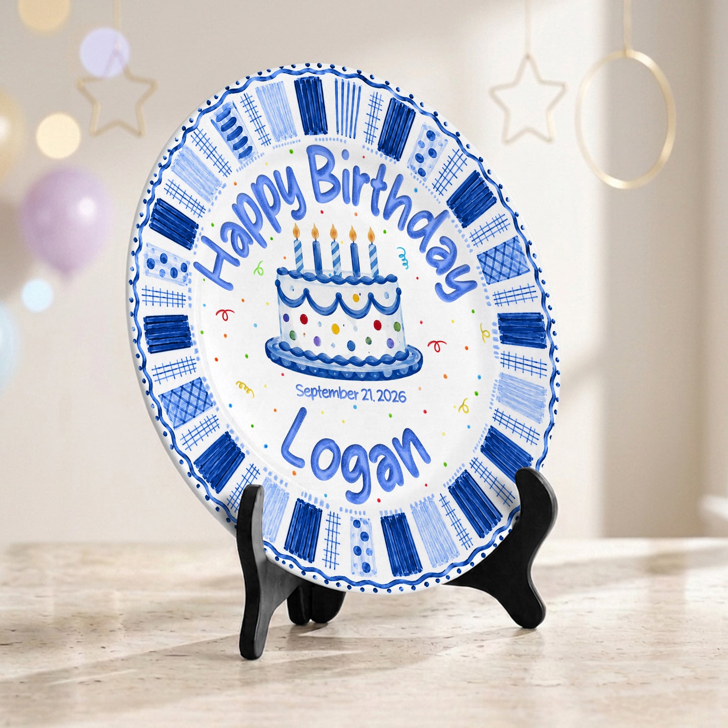 Blue Checkered Cake Personalized Birthday Plate for Boys Birthday Gift P812TGN0