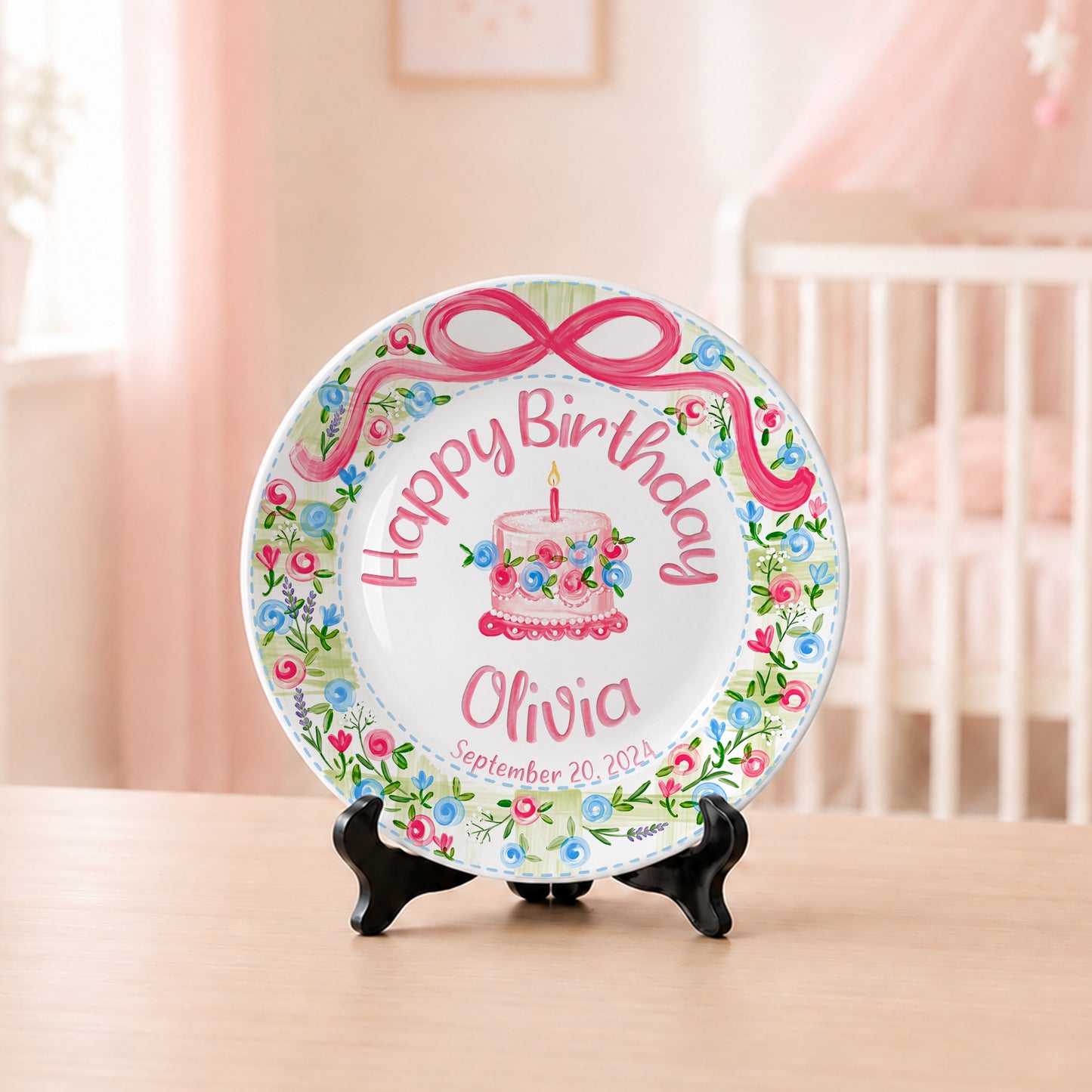 Pink Bow Floral Cake Personalized Birthday Plate P64HKN0