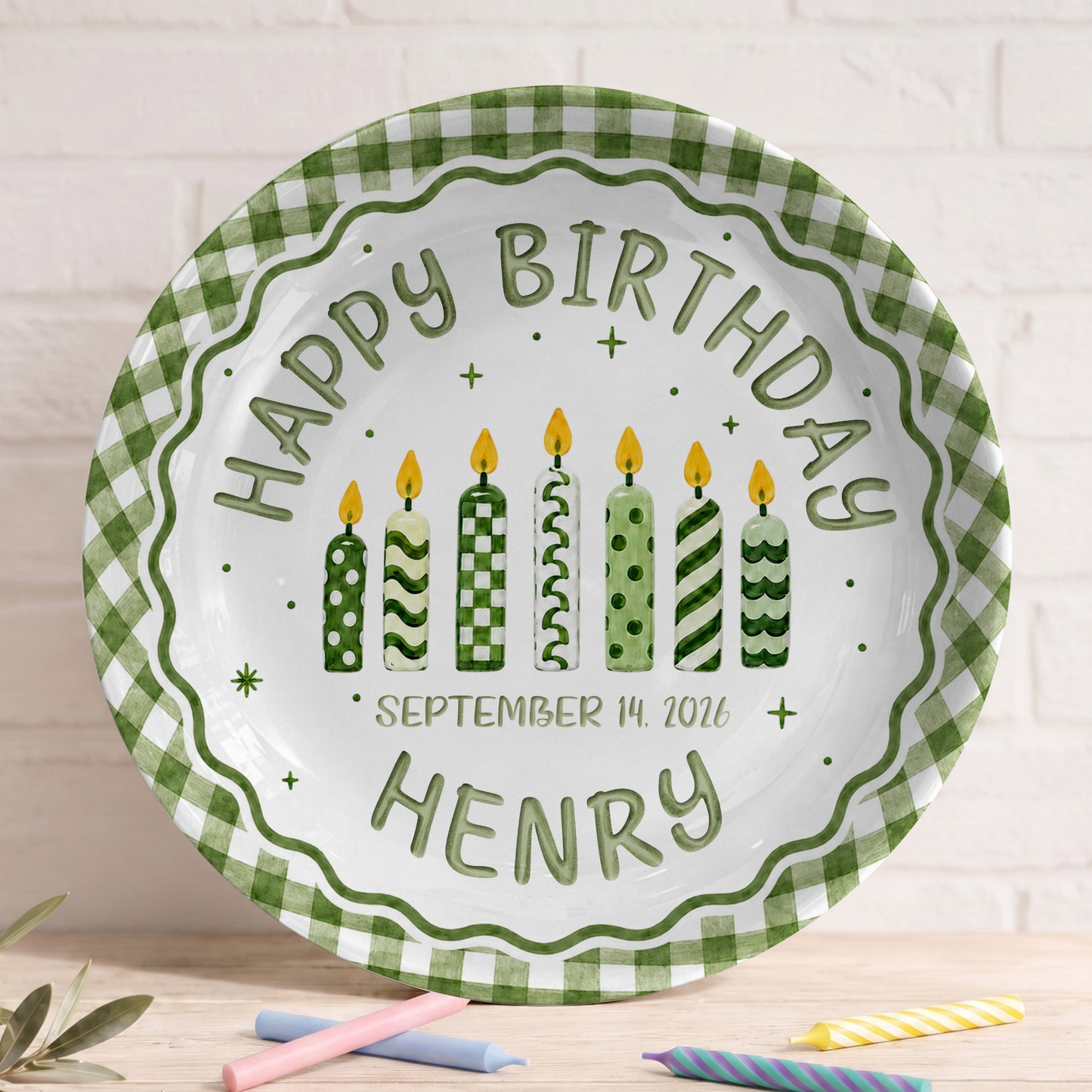 Green Gingham Birthday Candles Keepsake Personalized Birthday Plate for Kids P72333Z0