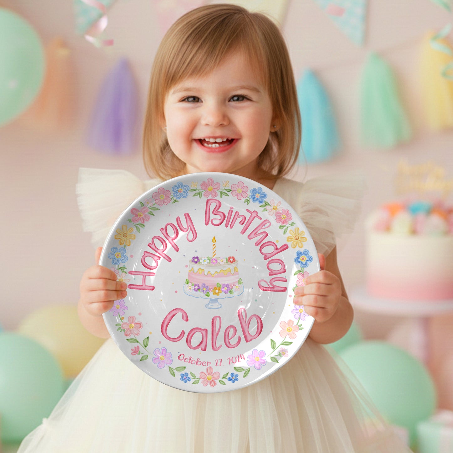 Pastel Floral Birthday Cake Personalized Birthday Plate P32GVK0