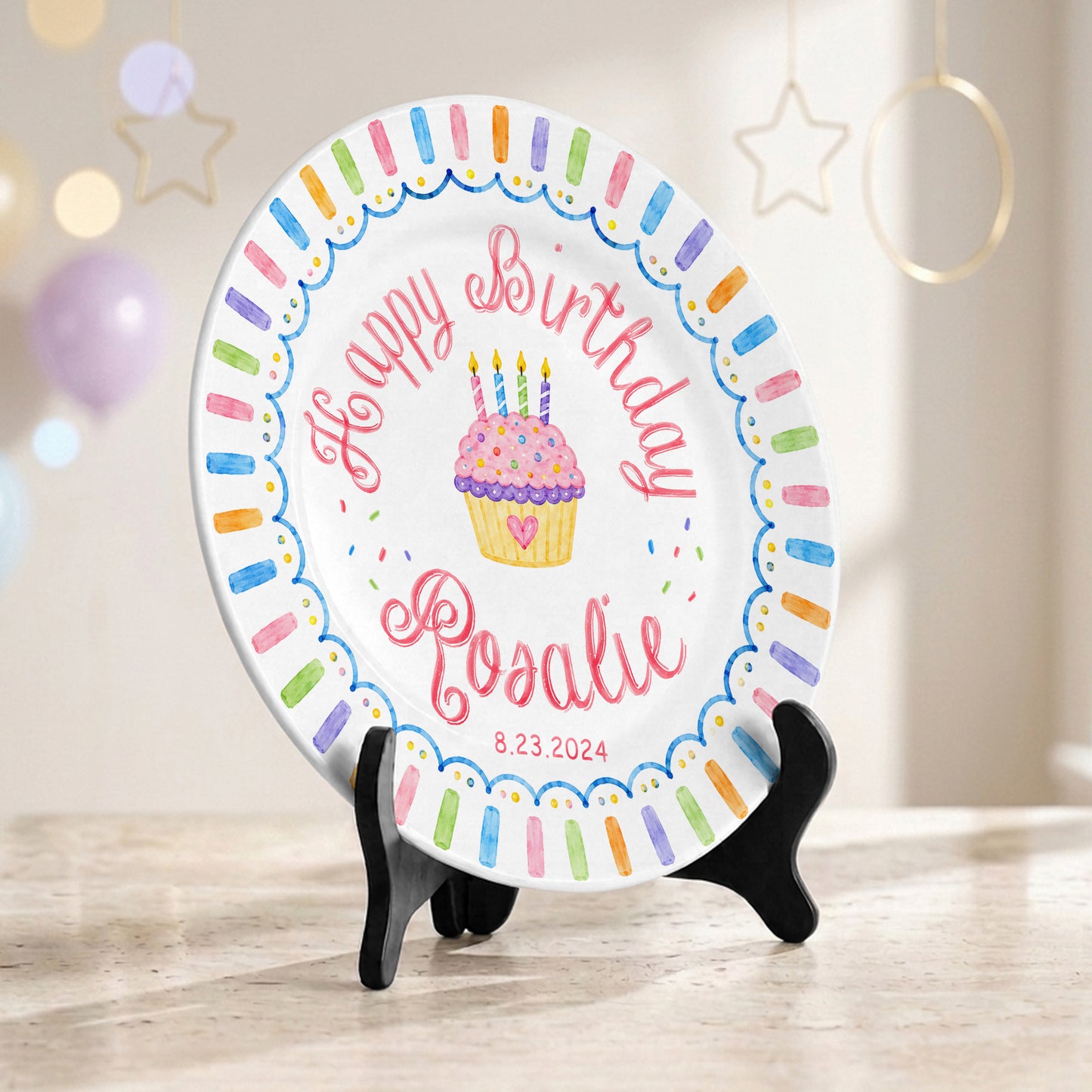 Colorful Cupcake Personalized Birthday Plate for Kids First Birthday Gift P814R8W0