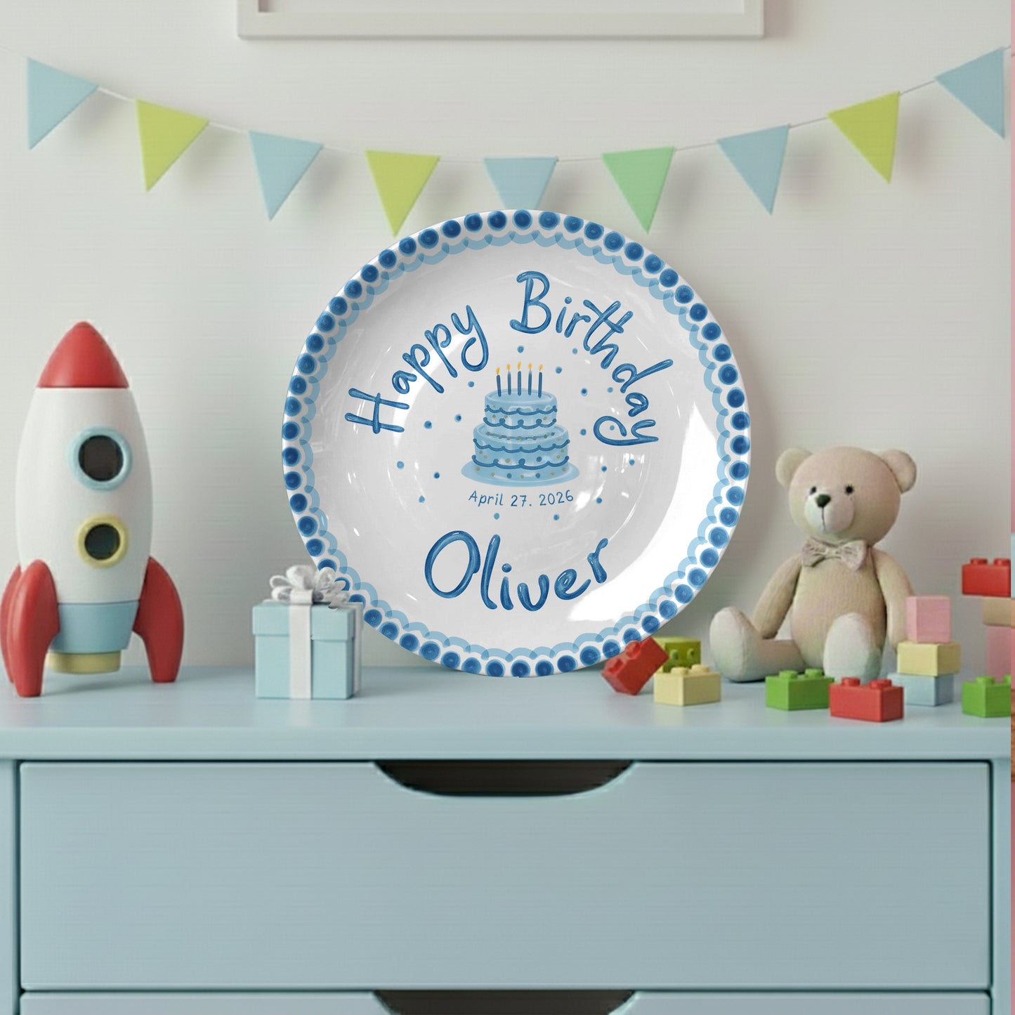 Blue Dotted Border and Cake Personalized Birthday Plate P32WRE0