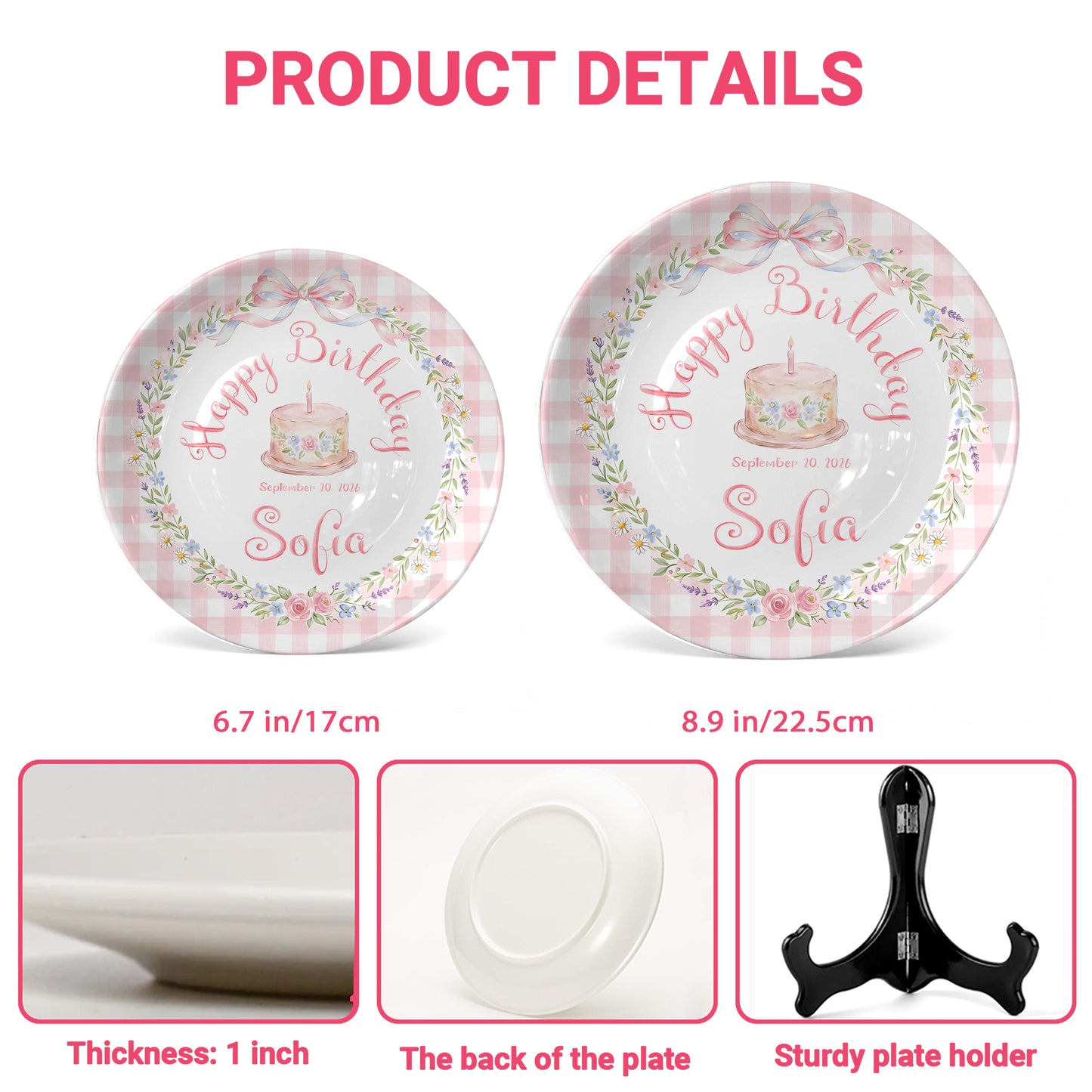 Pink Gingham Bow and Floral Wreath Cake Personalized Birthday Plate P415RRC0