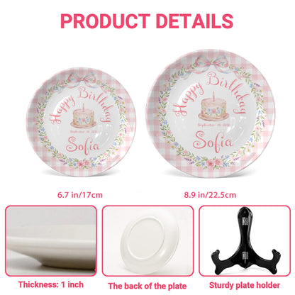 Pink Gingham Bow and Floral Wreath Cake Personalized Birthday Plate P415RRC0