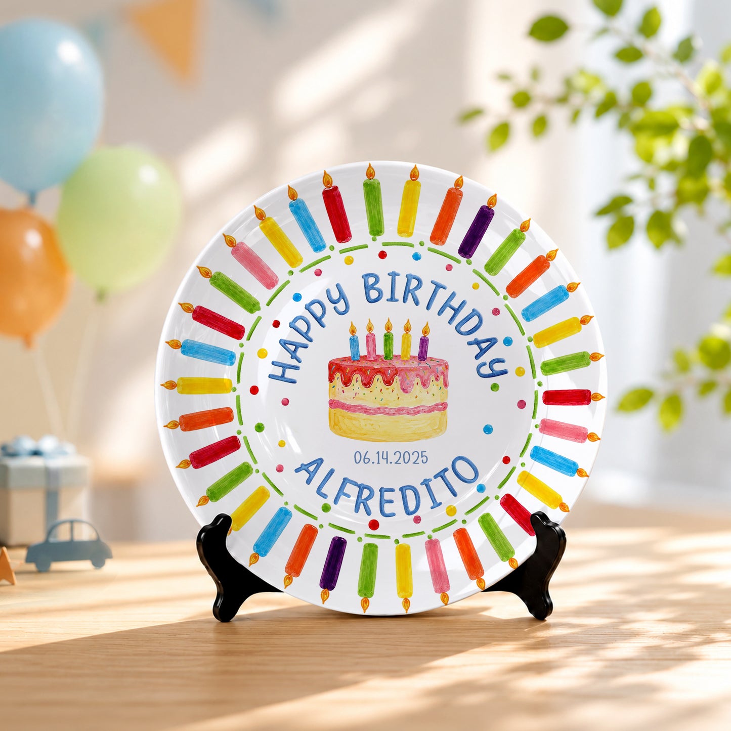 Birthday Cake & Rainbow Candles Personalized Birthday Plate P7160U20