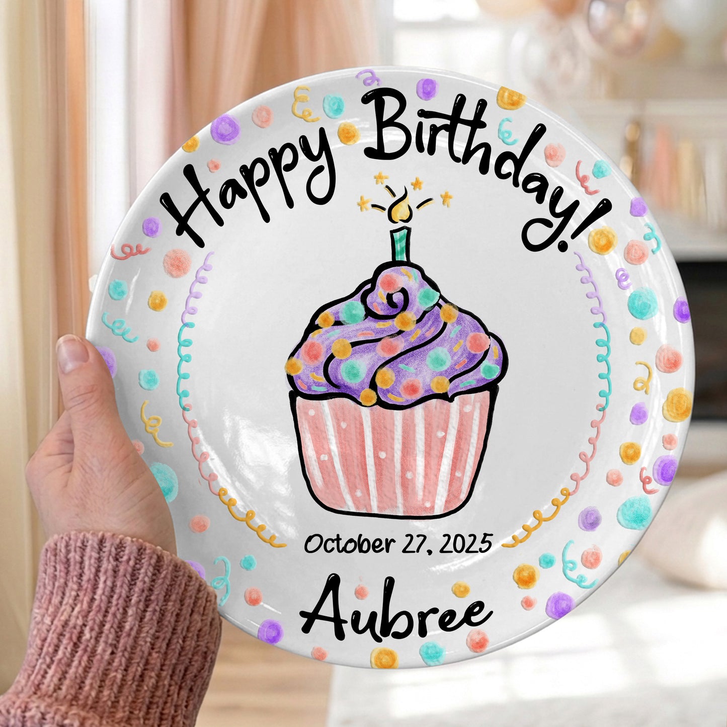 Colorful Confetti Cupcake Personalized Birthday Plate P42L9D0