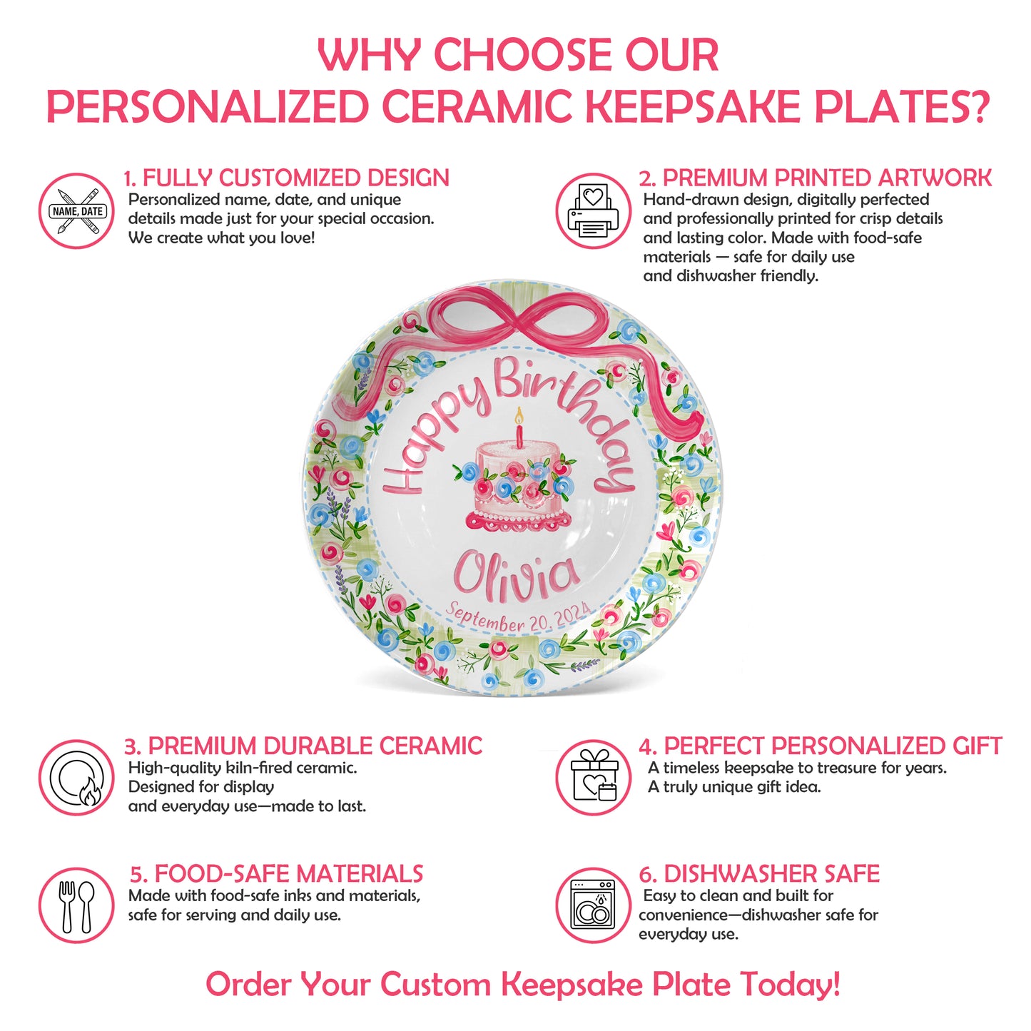Floral Wreath with Pink Bow Personalized Birthday Plate P410DXJ0