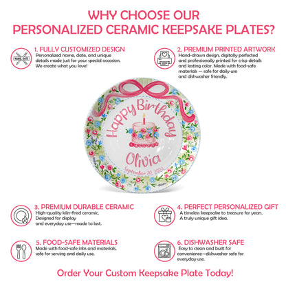 Floral Wreath with Pink Bow Personalized Birthday Plate P410DXJ0