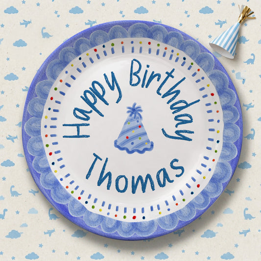 Blue Crayon Scallop Border with Party Hat Personalized Birthday Plate P511RLQ0