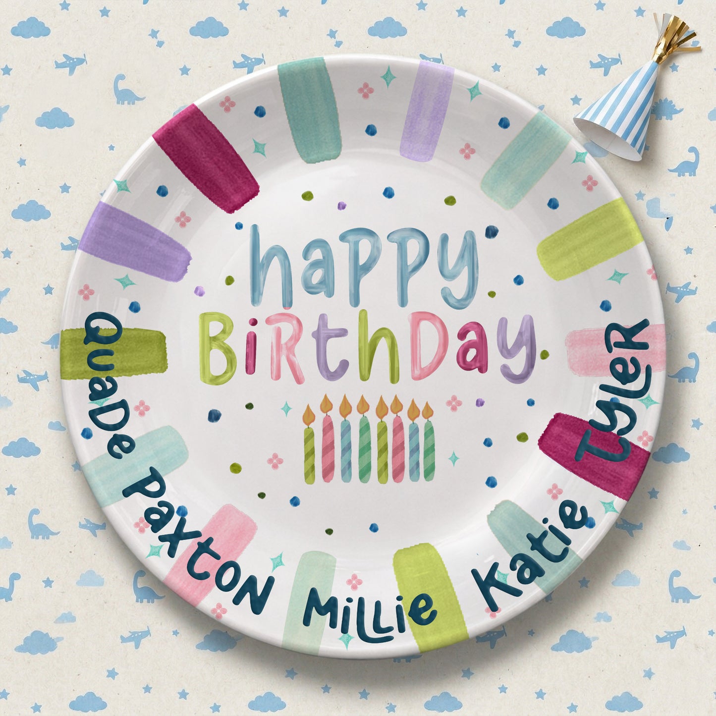 Rainbow Stripe Candle Personalized Birthday Plate for Kids P525IDR0