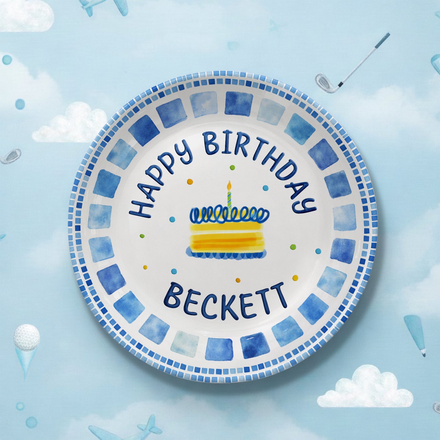 Blue Tile Border Cake Personalized Birthday Plate P228QZD0
