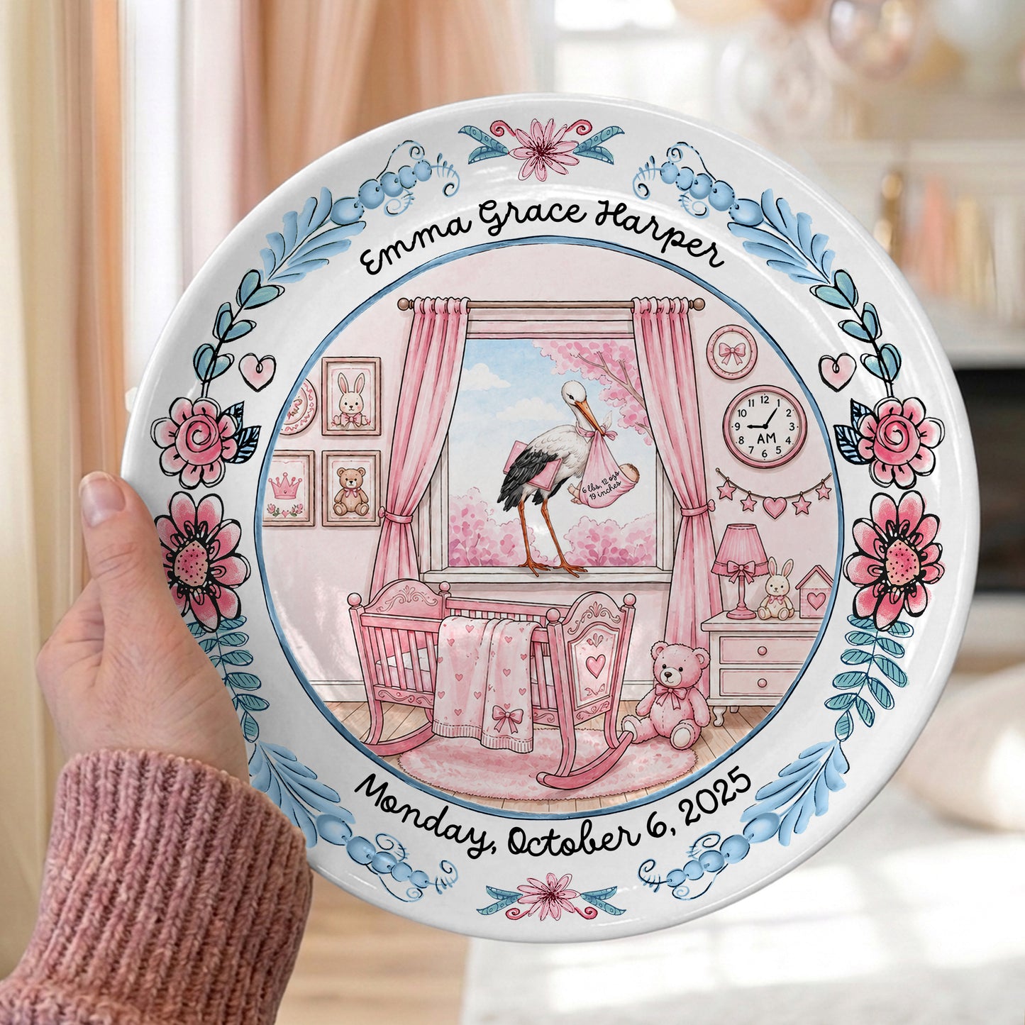Pink Nursery Room with Stork and Floral Border Personalized Birthday Plate P518MN50