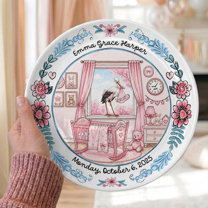 Pink Nursery Room with Stork and Floral Border Personalized Birthday Plate P518MN50