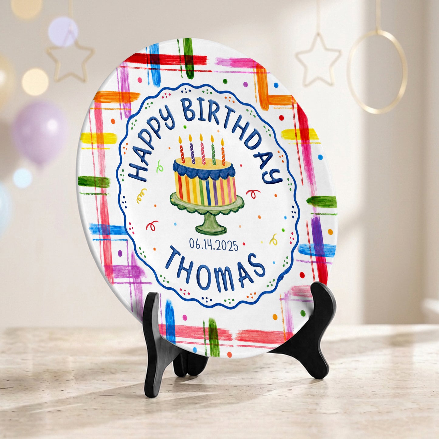 Colorful Cake Name Date Kids First Birthday Personalized Birthday Plate P815DJ50