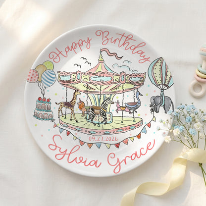 Carousel Animal Personalized Birthday Plate for Kids Custom Ceramic Keepsake P810QSG0