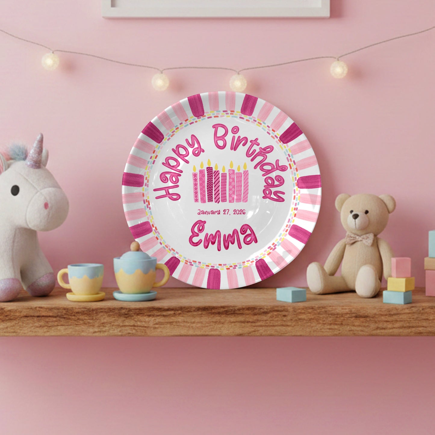 Pink Stripe Candle Personalized Birthday Plate P29F6C0