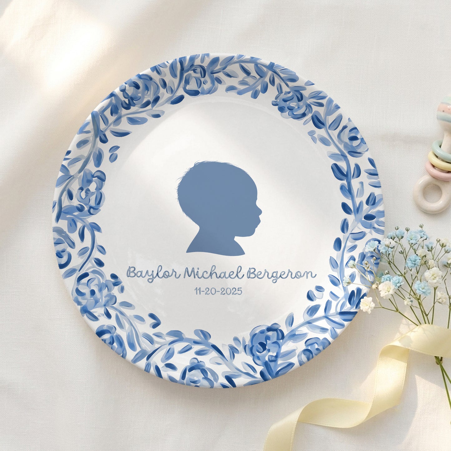 Blue Floral Silhouette Personalized Birthday Plate for Kids, Custom Name and Date Ceramic Keepsake P85LY90
