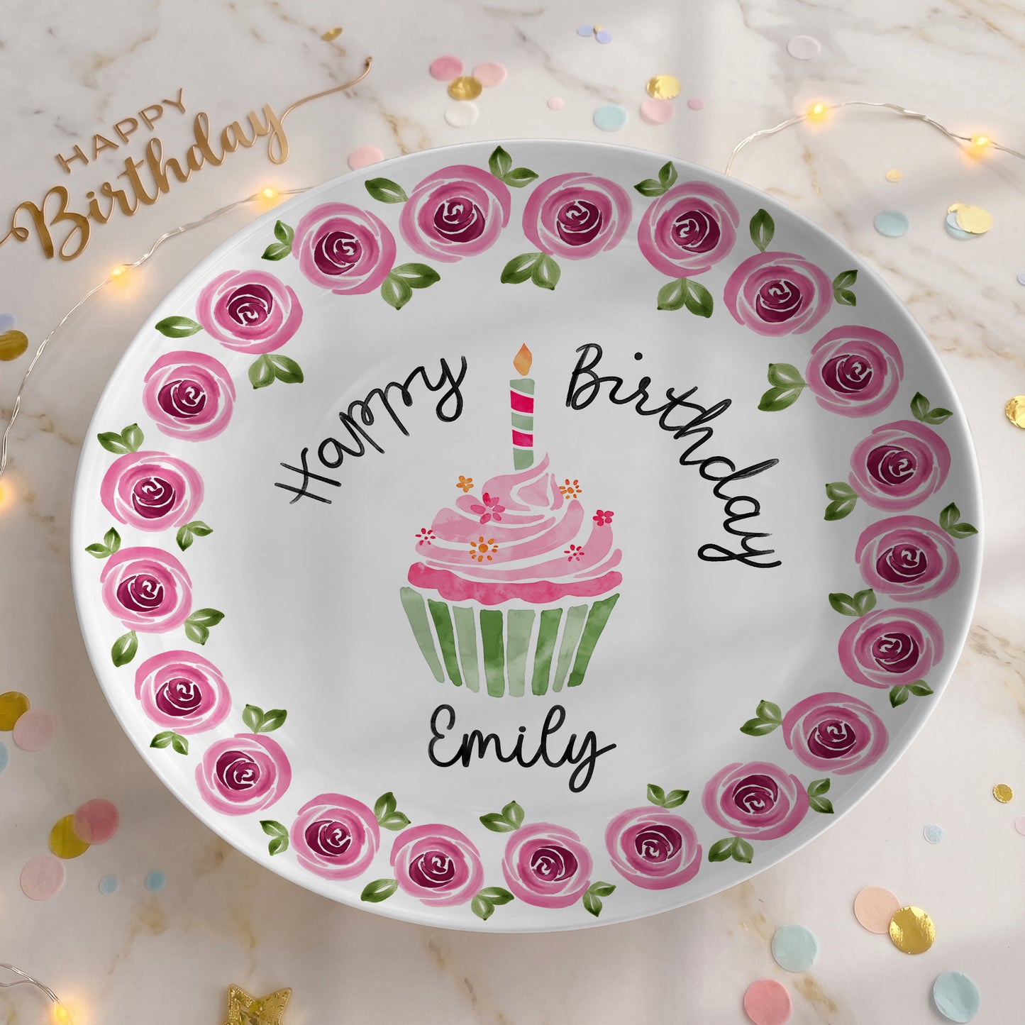 Pink Rose Cupcake Birthday Keepsake Personalized Birthday Plate P626IC7TT