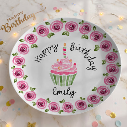 Pink Rose Cupcake Birthday Keepsake Personalized Birthday Plate P626IC7TT