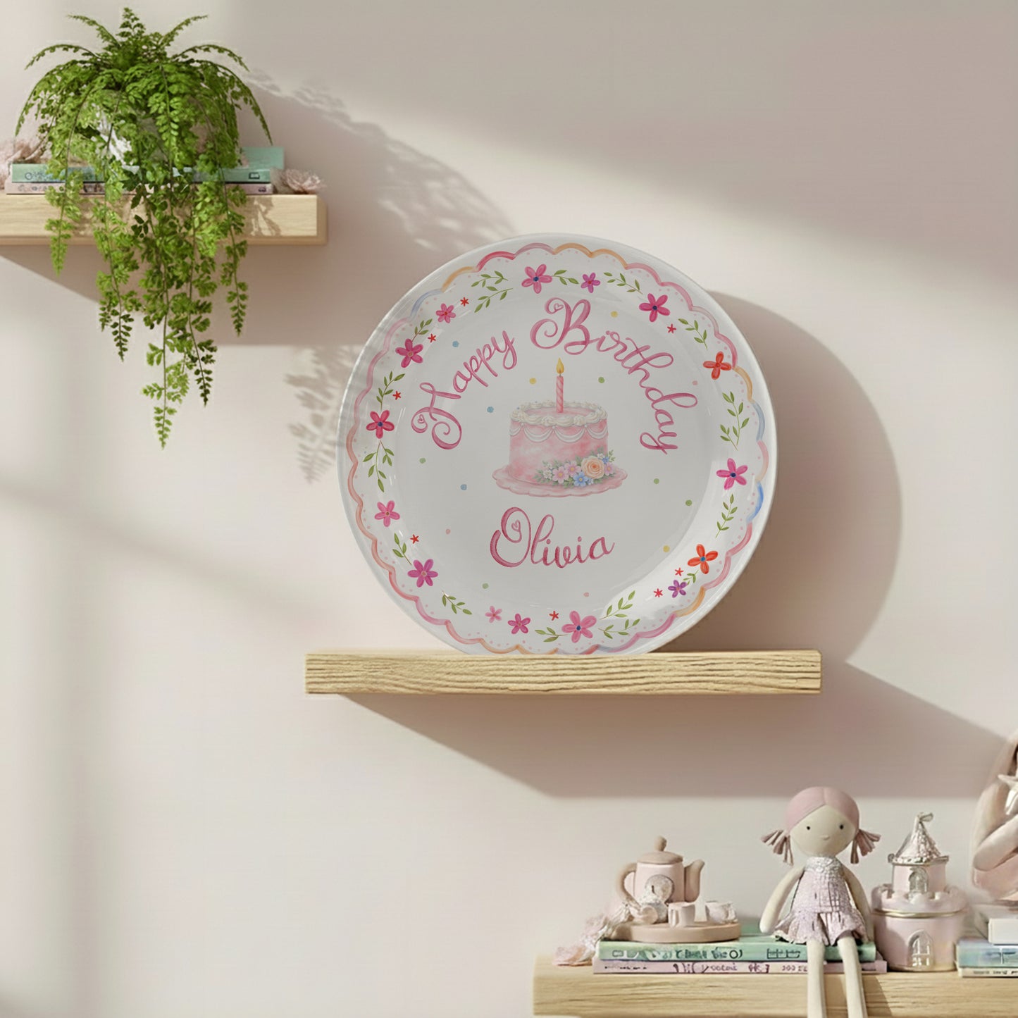 Pink Floral Scallop Personalized Birthday Plate P226GZM0