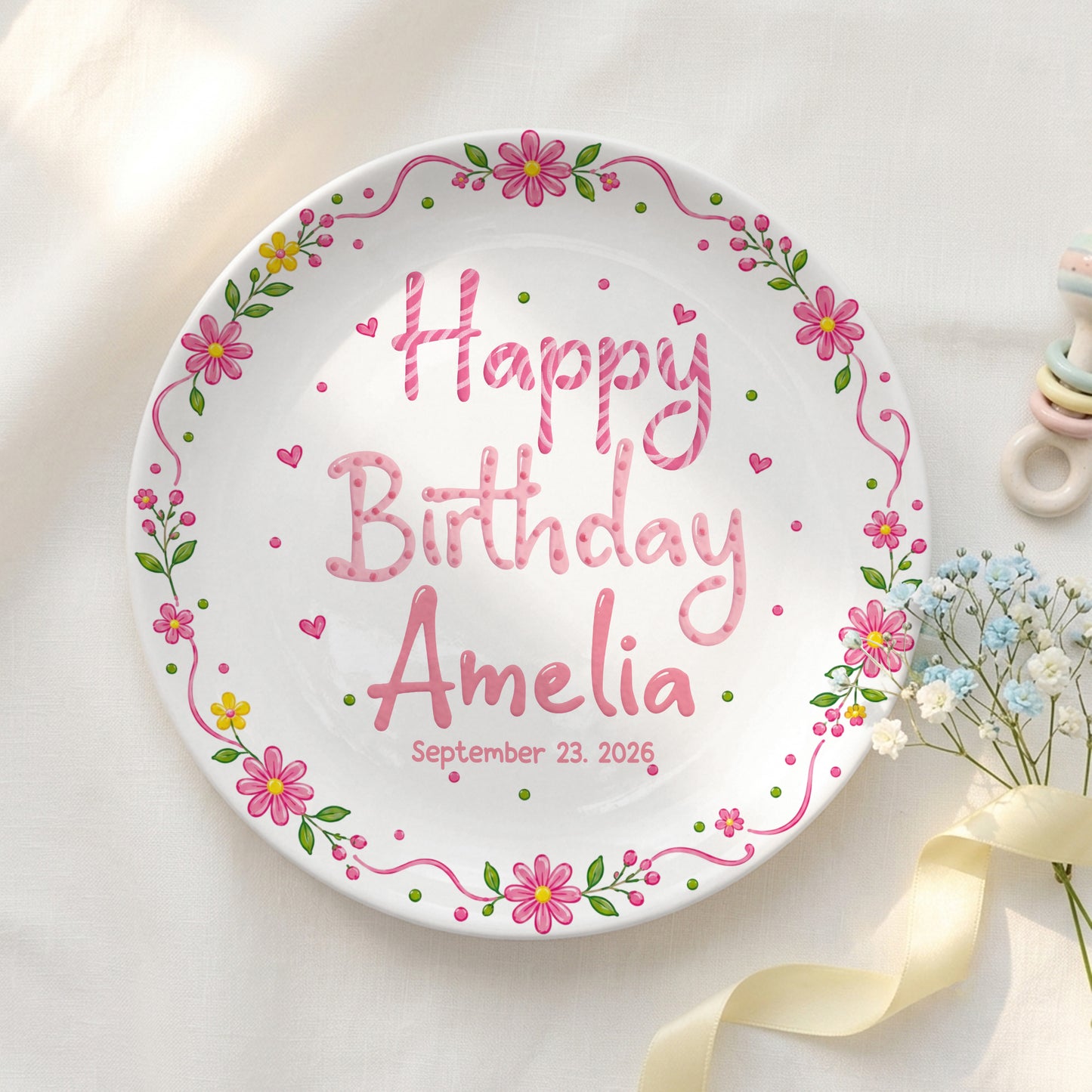 Floral Birthday Personalized Plate for Kids Custom Name Keepsake Gift P85DGR0